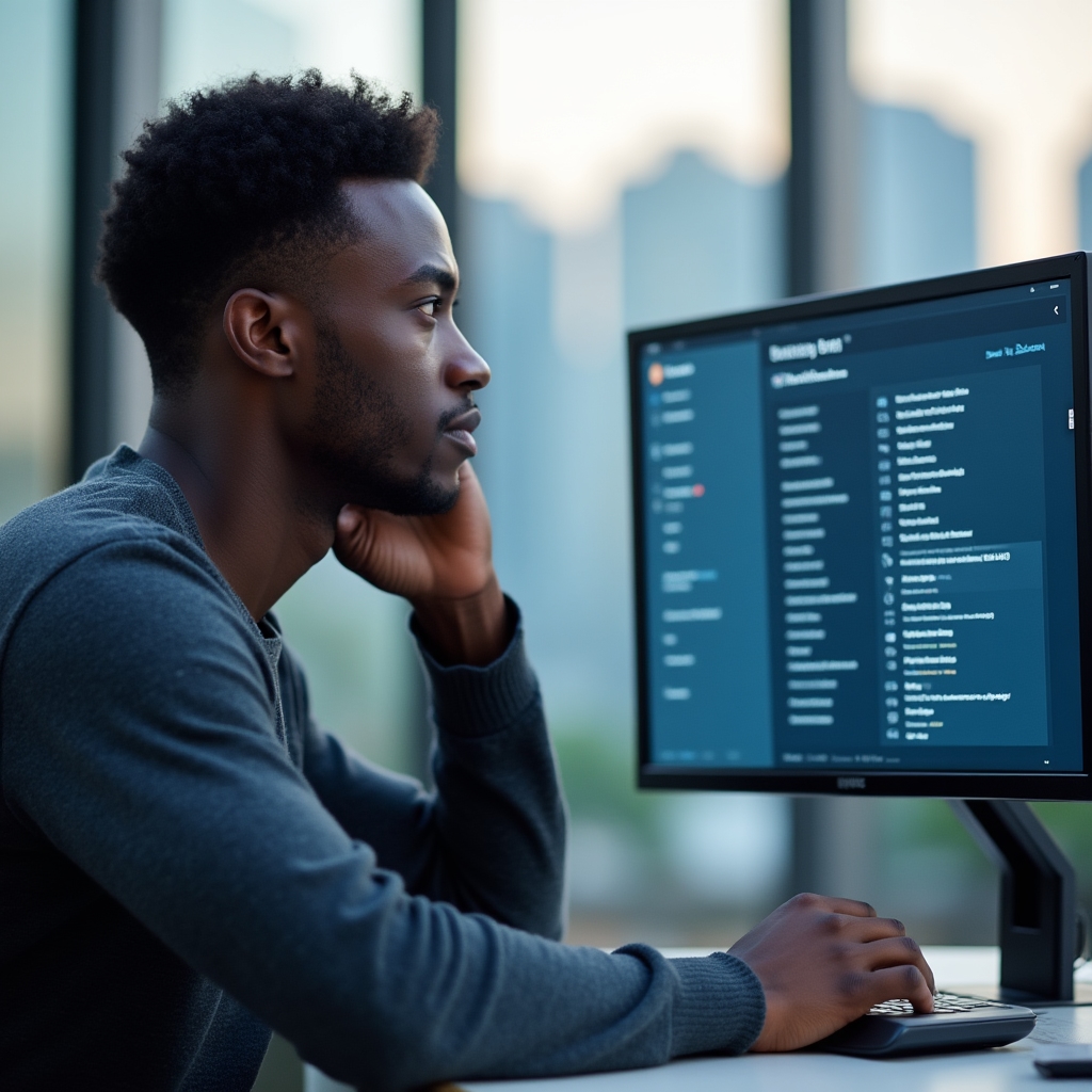 Person studying a business category selection screen on a monitor, focused expression, soft office lighting