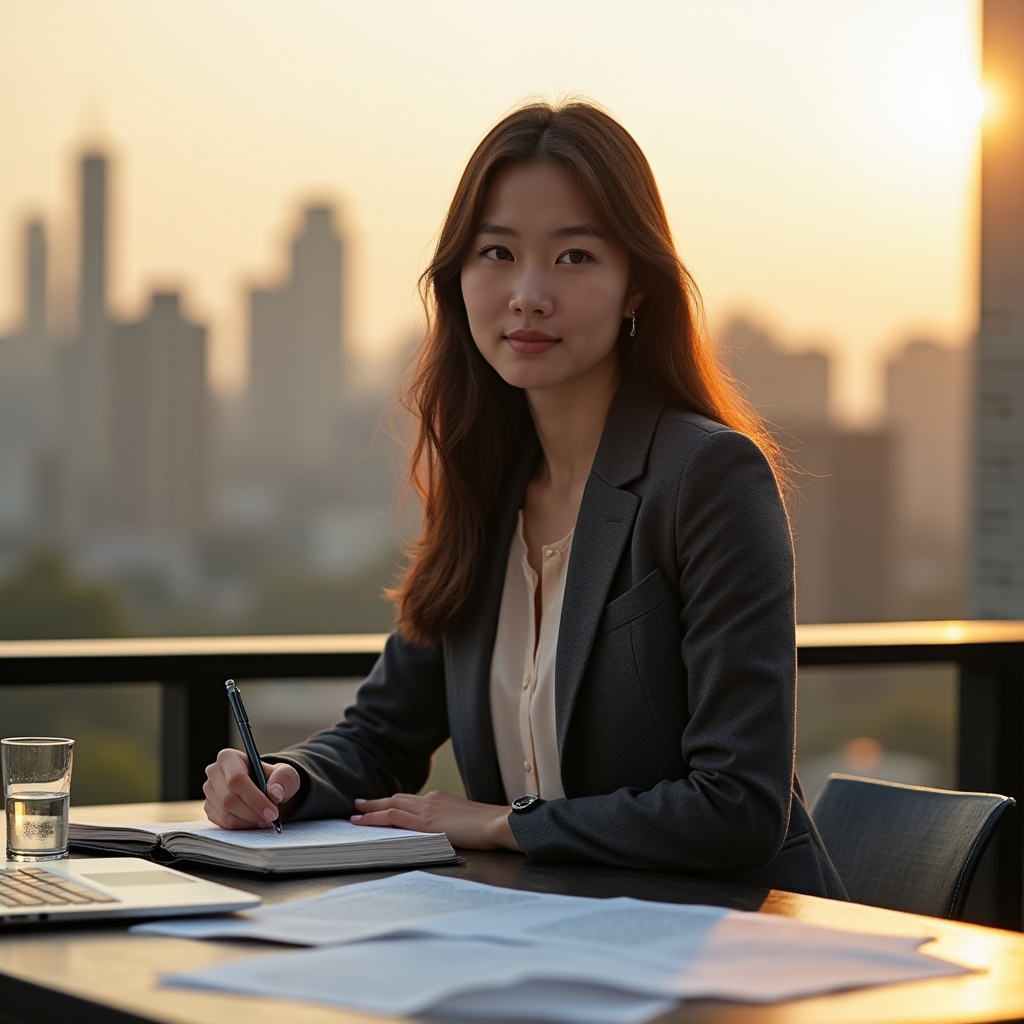 Researcher at a rooftop workspace writing notes with a city skyline in the background, late afternoon golden light
